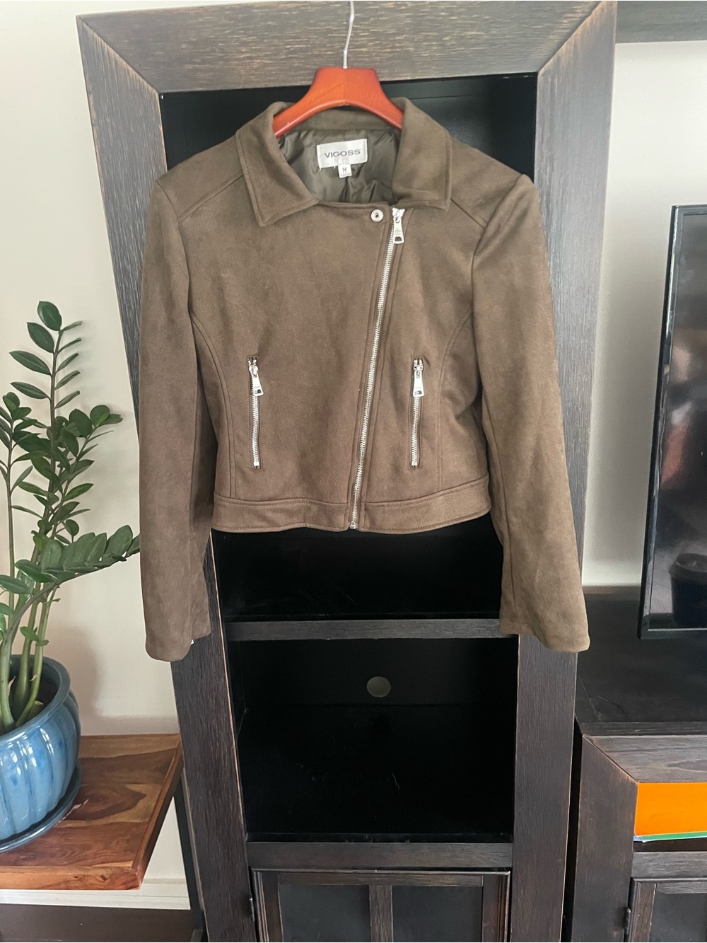 Vigoss Women's Olive Suede Moto Jacket with Silver Zippers